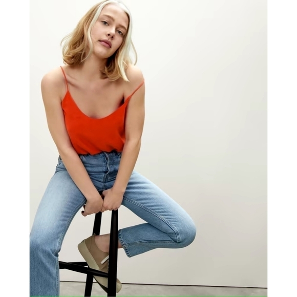 Everlane Tank Top Silk Orange Cayenne Crop Blouse The Clean Cami Spaghetti - Picture 1 of 11